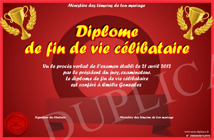 Diplome de fin de vie de célibataire gratuit